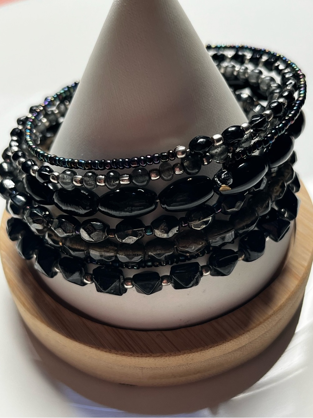 Stretch Coil Black Beaded Women’s Bracelet Set